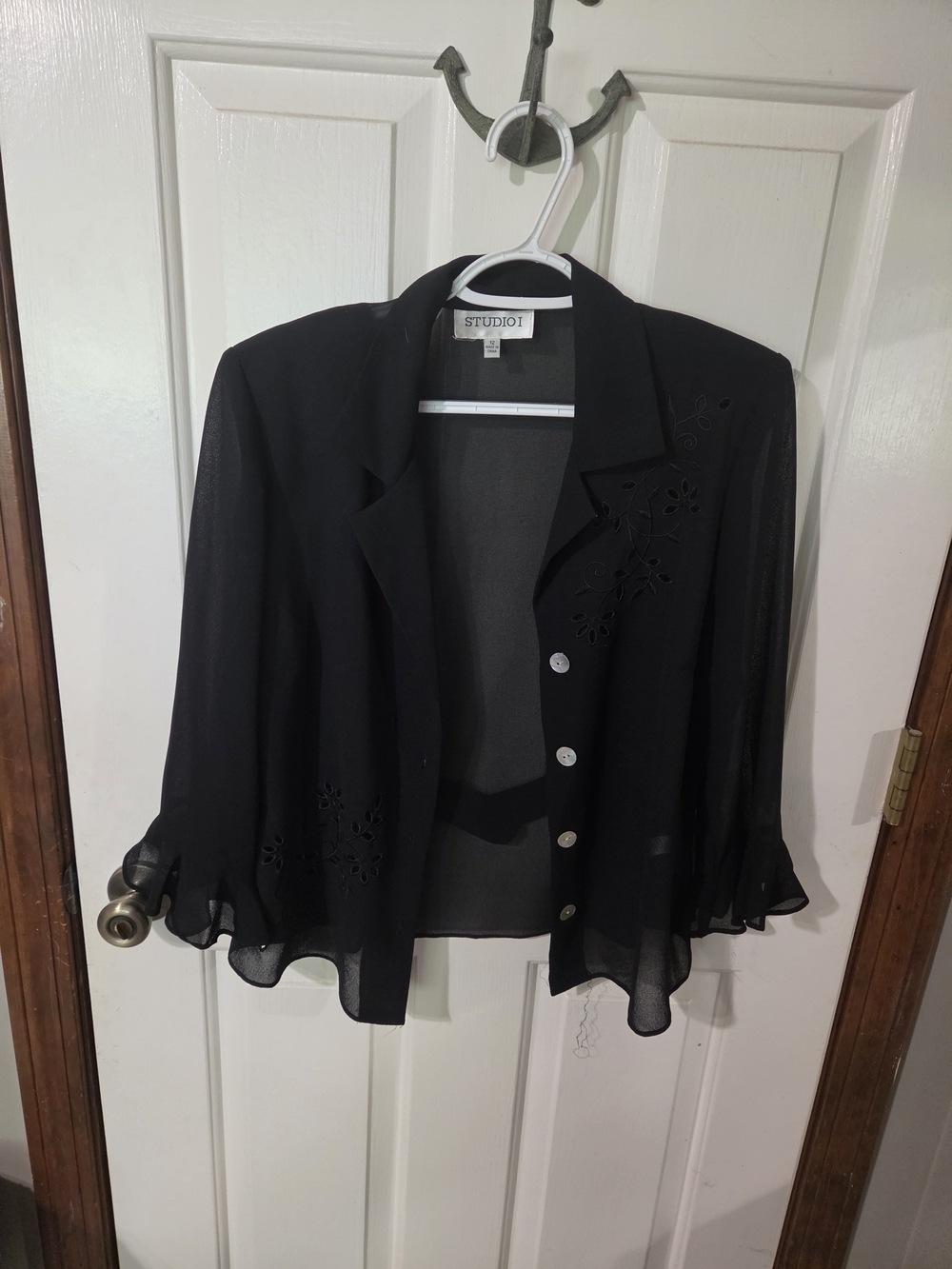 Studio I Black Sheer Ruffle-Hem Button Blouse with Laser-Cut Detail
